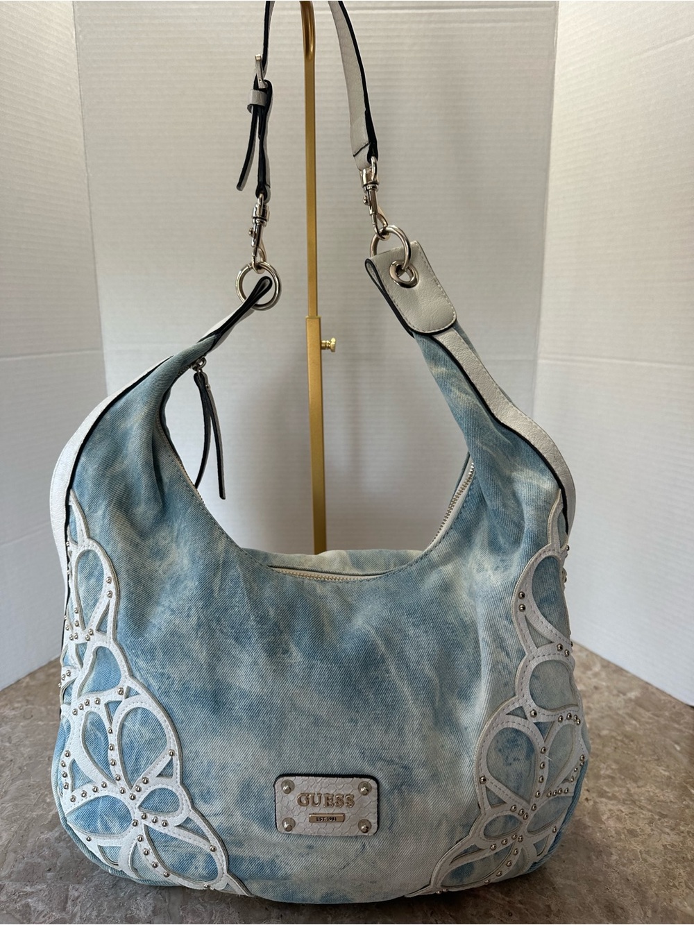 GUESS Vintage Y2K Denim Leather Hobo Shoulder Bag Studded Boho Coquette Purse
